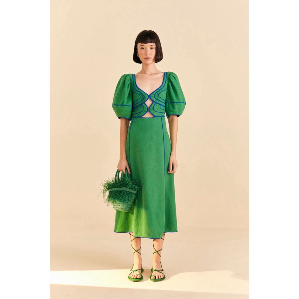 Farm Rio green topstitched midi dress